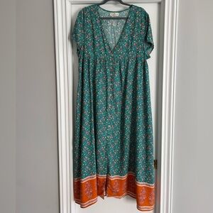 NATURAL LIFE Teal and Rust Floral Midi Dress